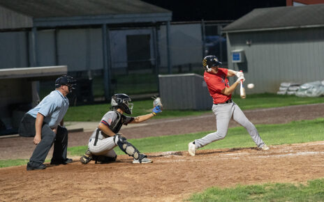 Mowder hits a foul ball for the Junior Pioneers at Gant Stadium.