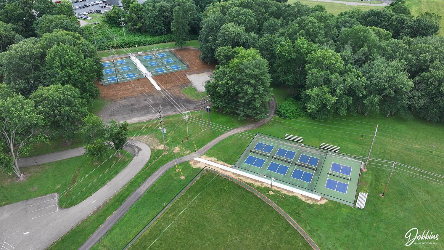 Aerial view of the pickleball courts at the City Recreation Park in Coshocton. Photo used with permission from Kyle Dobbins of Dobbins Aerial Photography.